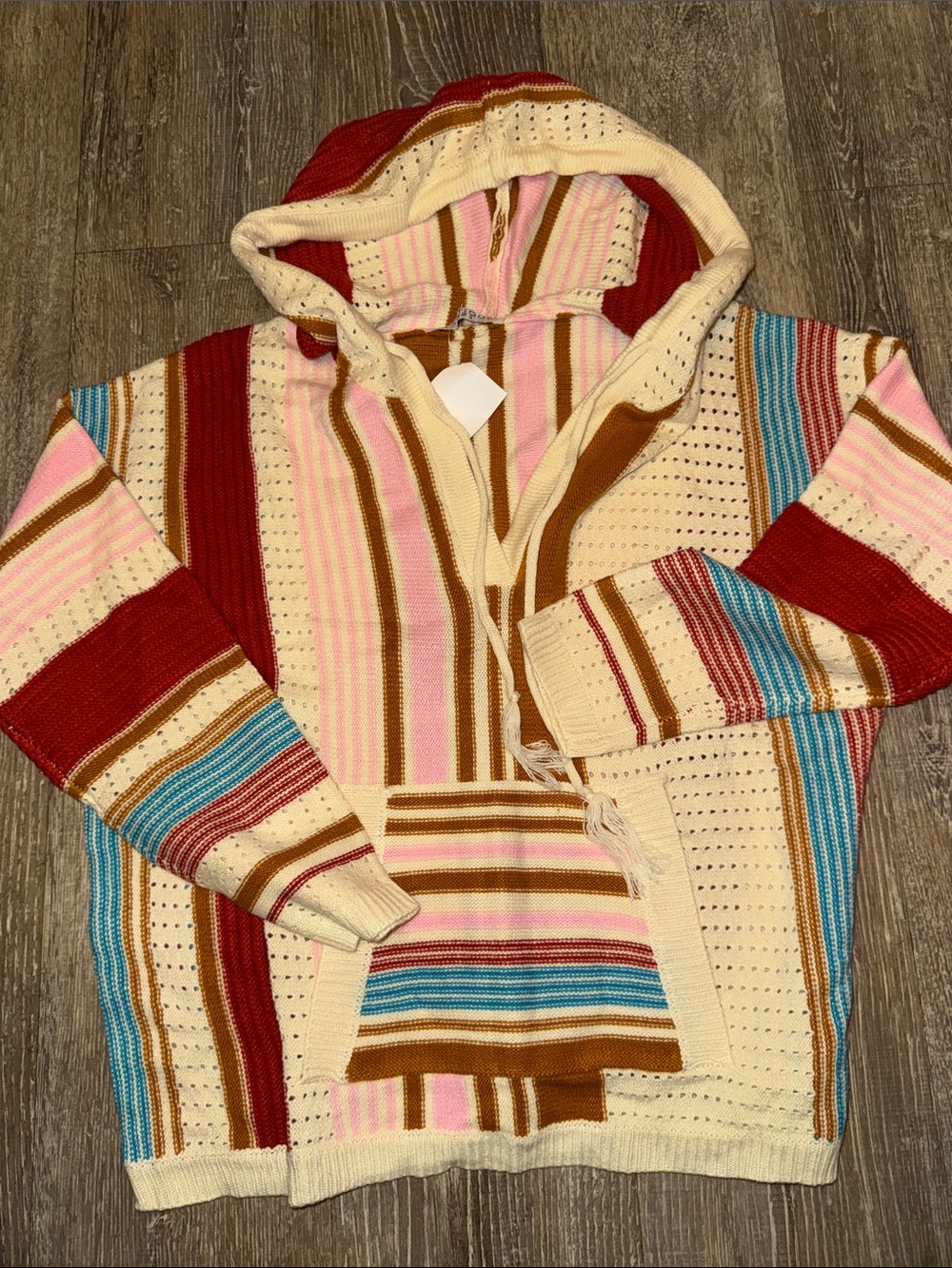 Striped Hooded Knit Sweater in Cream, Pink & Red